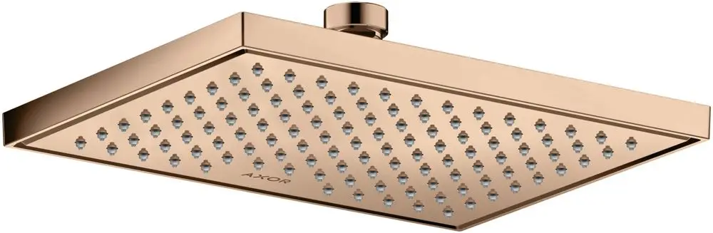Kopfbrause in glänzend rosegold mit rechteckigem Kopf und mehreren Düsen, montiert an einer Decke, mit dem AXOR-Logo sichtbar auf der Oberfläche.